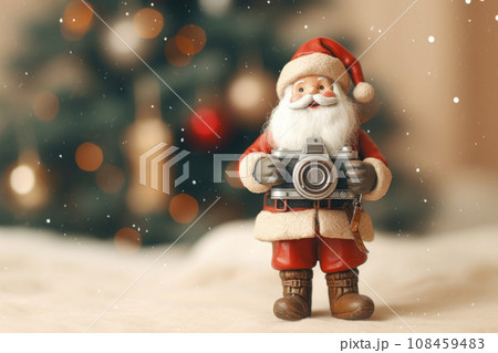Funny Santa Claus holds an old Vintage camera in hands.AI generated. 108459483