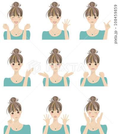 色々な表情をした女性のイラストセット1(仕草付き) 色々な表情をした女性のイラストセット1(仕草付き) 108459859