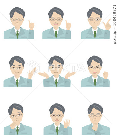 色々な表情をした作業着姿の初老の男性のイラストセット(仕草付き) 色々な表情をした作業着姿の初老の男性のイラストセット(仕草付き) 108459871