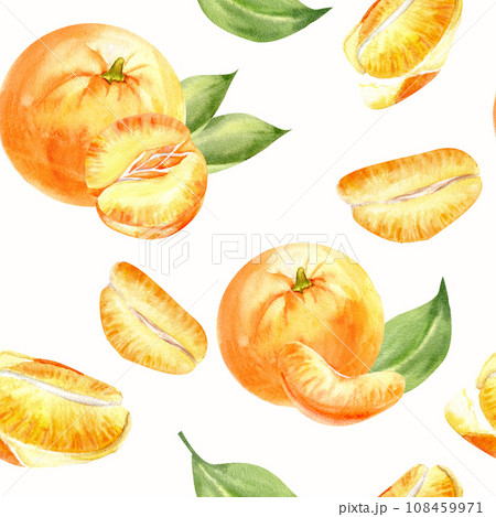 Watercolor seamless pattern with orange tangerines. Citrus mandarins , fruit slices, green leaves and peel composition. Hand drawn illustration for packing, logo,label design 108459971