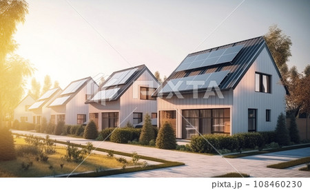 Newly constructed modern houses with solar panels on the roof.AI generated 108460230