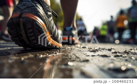 Runners feet on a wet dirty road on a rainy day. AI generated. Runners feet on a wet dirty road on a rainy day. AI generated. 108460231
