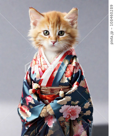 着物を着た猫のアート（AI生成画像）のイラスト素材 [108460289] - PIXTA