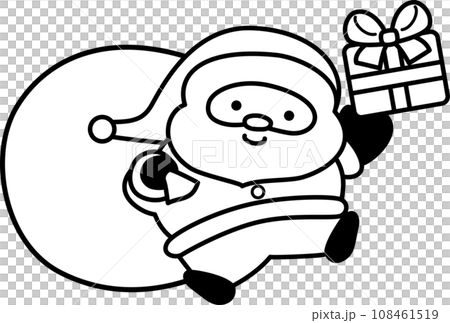 聖誕老人微笑著為著色頁提供禮物的黑白線畫 108461519