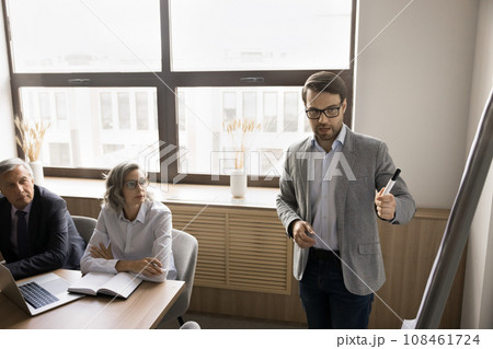 Serious young businessman presenting startup project plan to business partners 108461724