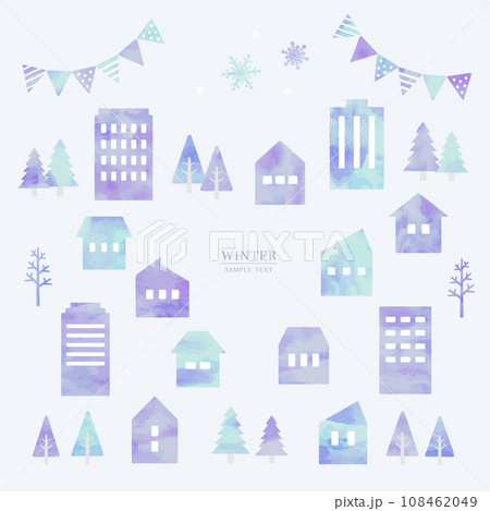 冬の家と建物のイラスト素材（水彩風ベクター）　 108462049