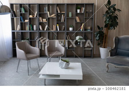 Stylish apartment interior design with armchairs, bookshelves, coffee table 108462181