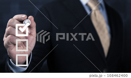 Businessman use pen to tick correct sign mark in checkbox for quality document control checklist and business approve project concept. Electronic smart checklist and document management 108462400