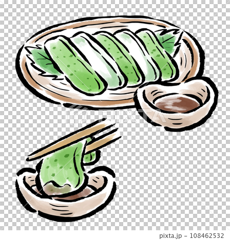 生魚片蒟蒻放在盤子上並沾醬的刷觸插圖 108462532