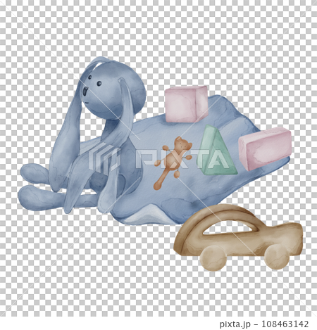 Illustration with toys on baby blanket neutral colors isolated on white background. Hand drawn soft hare in pastel shades. Painted wooden toy car. Element for card, newborn invitation, poster Illustration with toys on baby blanket neutral colors isolated on white background. Hand drawn soft hare in pastel shades. Painted wooden toy car. Element for card, newborn invitation, poster 108463142