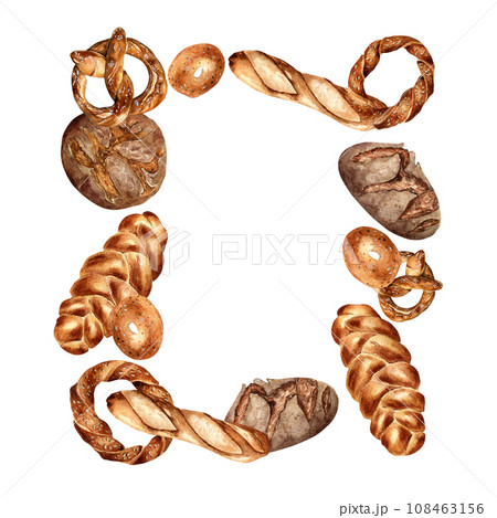 Frame of variety bread watercolor isolated on white. Hand drawn rye bread, pretzel for bakery. Painted challah, bagel. Illustration of simit, baguette. Element for design bakeshop, packaging, menu 108463156