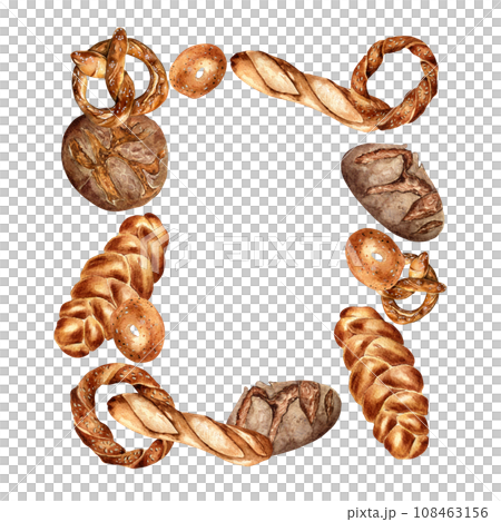 Frame of variety bread watercolor isolated on white. Hand drawn rye bread, pretzel for bakery. Painted challah, bagel. Illustration of simit, baguette. Element for design bakeshop, packaging, menu 108463156