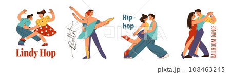 Couple dance. Man and woman dancers. Lindy Hop. Salsa and tango. Ballroom dancing. Latino rumba poster. Hip-hop pair. Cute ballerina. Vector choreographic studio cartoon banners set 108463245