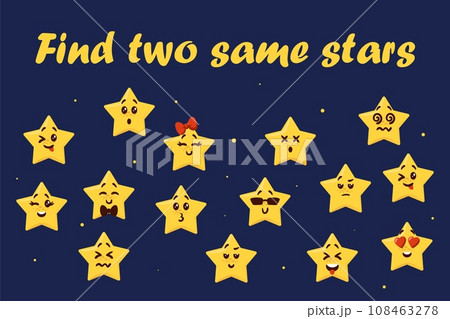 Star emoji. Find same faces. Funny emoticons. Preschool kids worksheet. Studying task. Logic game. Similar space elements. Compare smileys. Workbook test. Vector educational puzzle design 108463278
