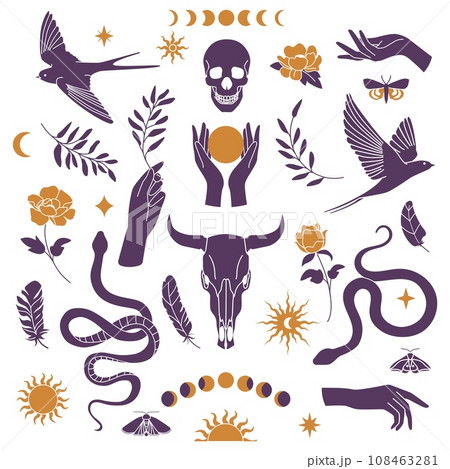 Ethnic patch. Boho silhouette symbols. Snake and skull. Bird feather. Hand with plant branch. Moth on flower. Tarot and esoteric eye. Fashionable elements set. Vector mystic illustration Ethnic patch. Boho silhouette symbols. Snake and skull. Bird feather. Hand with plant branch. Moth on flower. Tarot and esoteric eye. Fashionable elements set. Vector mystic illustration 108463281