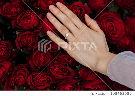 she said yes. close-up of woman hand with engagement rings. Hand of the on the background of the big bouquet of red roses. romantic proposal time she said yes. close-up of woman hand with engagement rings. Hand of the on the background of the big bouquet of red roses. romantic proposal time 108463689