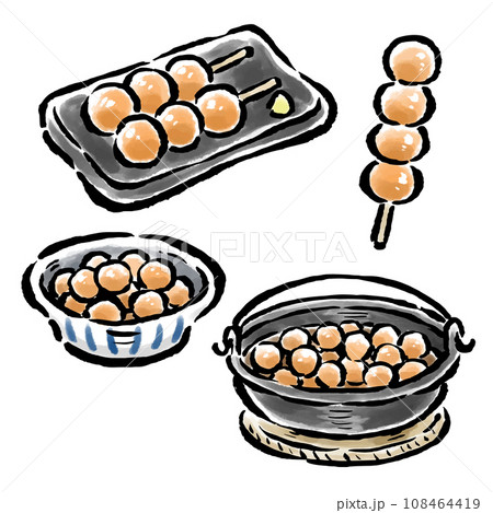 玉こんにゃく　串・皿に盛る・土鍋で煮込む　筆タッチイラスト 108464419
