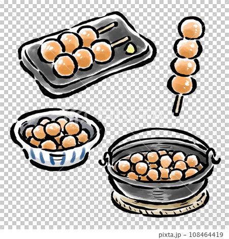 玉こんにゃく　串・皿に盛る・土鍋で煮込む　筆タッチイラスト 108464419