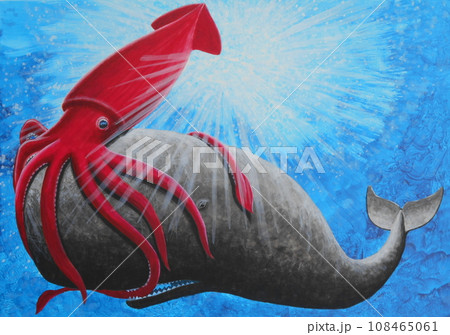 原画 ダイオウイカ対マッコウクジラ A2イラストボード