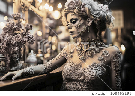 Bony woman with fair skin wearing a sparkling dress adorned with jewelry and gemstones sits with diamonds as facial adornment at a bar counter 108465199
