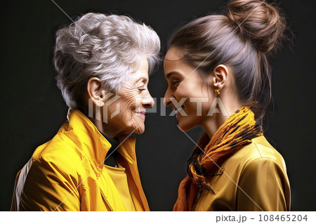 Old woman with short gray hair and young woman with a bun standing closely, smiling into each other's eyes 108465204