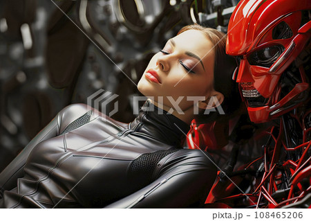 Young woman with red lips and a tight black jumpsuit lies with closed eyes in the arms of a cyborg, an android robot Young woman with red lips and a tight black jumpsuit lies with closed eyes in the arms of a cyborg, an android robot 108465206