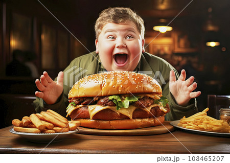 Happy, laughing chubby boy joyfully opens his mouth in front of a gigantic burger placed on the table in front of him Happy, laughing chubby boy joyfully opens his mouth in front of a gigantic burger placed on the table in front of him 108465207