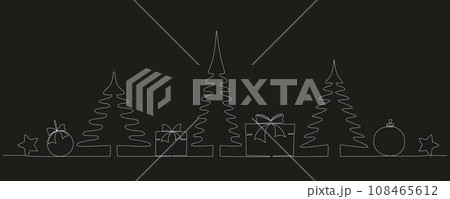 Christmas trees with boxes - hand drawing one single continuous line. Vector stock illustration isolated on black background for design template winter banner, greeting card. Editable stroke. EPS 10.  108465612