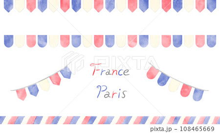 フランスをイメージしたトリコロールカラーの装飾、手描きのおしゃれな水彩イラストセット 108465669