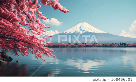 A photo of Mount Fuji, with a snow-capped peak as the background, during sunrise 108466303