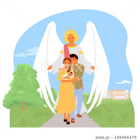 Angel keeper protecting covering with wings young family with newborn Angel keeper protecting covering with wings young family with newborn 108466479