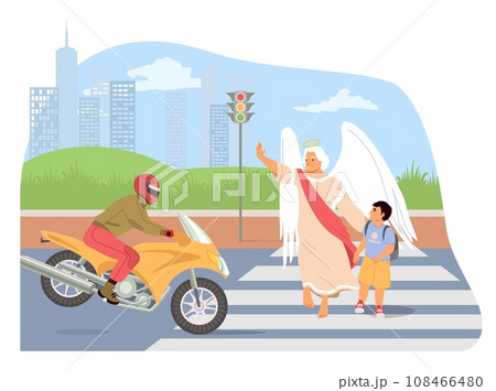 Angel keeper saving life of little boy child crossing road on crosswalk 108466480