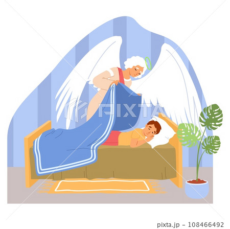 Angel keeper with wings caring for sleeping boy child Angel keeper with wings caring for sleeping boy child 108466492