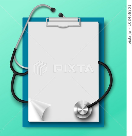 Medical clipboard with blank empty paper and stethoscope 108466501