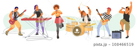 Punk rock band characters playing music instrument and singing Punk rock band characters playing music instrument and singing 108466519