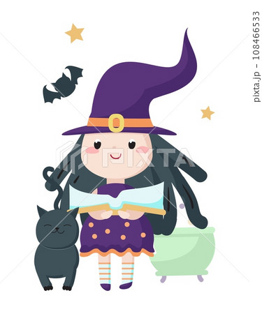Little girl witch character reading spell in magic book Little girl witch character reading spell in magic book 108466533