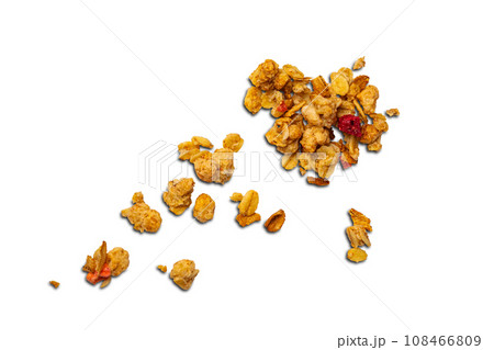 Top view of crunchy muesli with strawberry and raspberry. Top view of crunchy muesli with strawberry and raspberry. 108466809