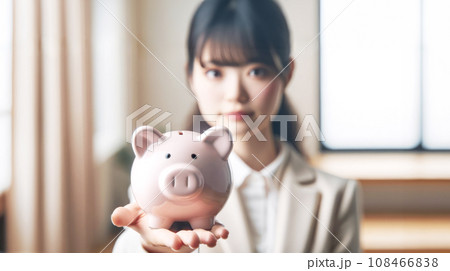 豚の貯金箱を持った日本人女性　AI画像 108466838