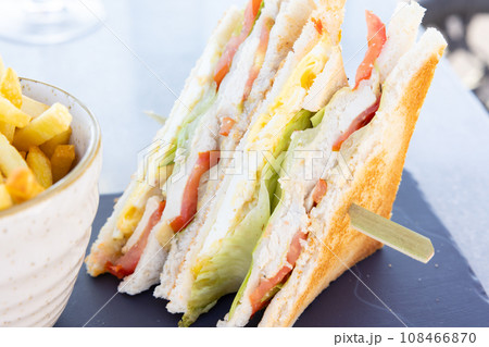 美味しいクラブハウスサンドとフライドポテト 108466870