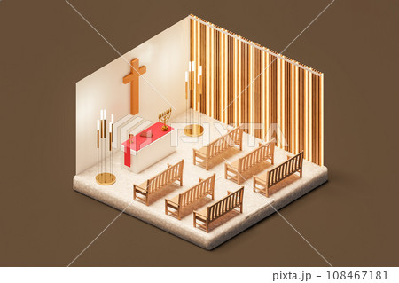 Isometric view of interior of church with cross and benches. 3d isometric render Isometric view of interior of church with cross and benches. 3d isometric render 108467181