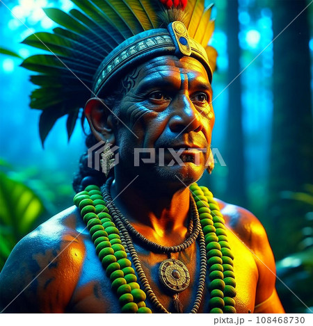 Generated by artificial intelligence. Portrait of Aztec or Mayan warrior in jungle. War paint on 108468730