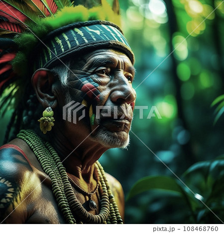 Generated by artificial intelligence. Portrait of Aztec or Mayan warrior in jungle. War paint on Generated by artificial intelligence. Portrait of Aztec or Mayan warrior in jungle. War paint on 108468760