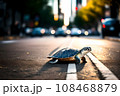 Turtle moving very quickly down a busy city street. AI generated content 108468879