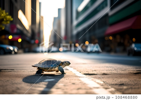 Turtle moving very quickly down a busy city street. AI generated content 108468880
