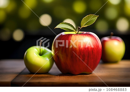 Fresh red apples on wooden background. AI generated content 108468883