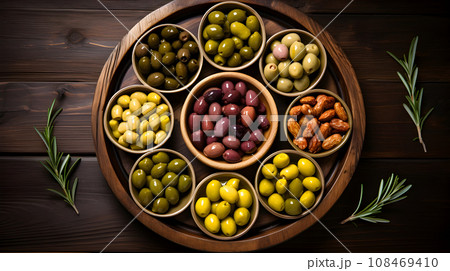 Assortment of fresh olives 108469410