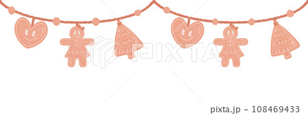 Watercolor cute pink Christmas ginger bread stocking santa candy cane tree heart cookie ribbon Ornament star Hanging Element doodle Border Xmas frame 108469433