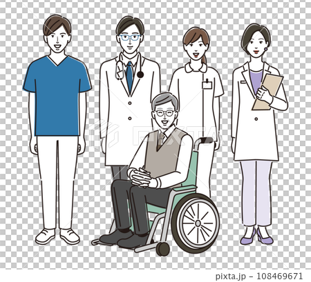 車椅子に座るシニア男性と医療スタッフ 108469671