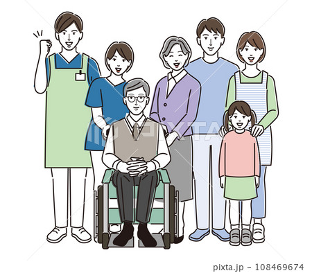 介護士と車椅子の高齢者と家族 108469674