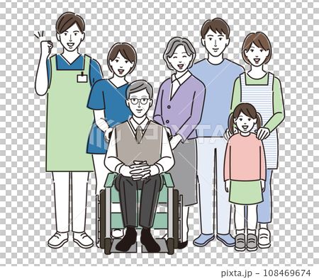 介護士と車椅子の高齢者と家族 108469674